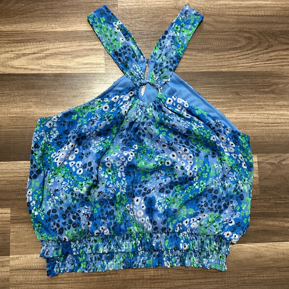 Cato Floral Halter Crop Top XL Blue Green Excellent Smocked Chiffon Boho Resort